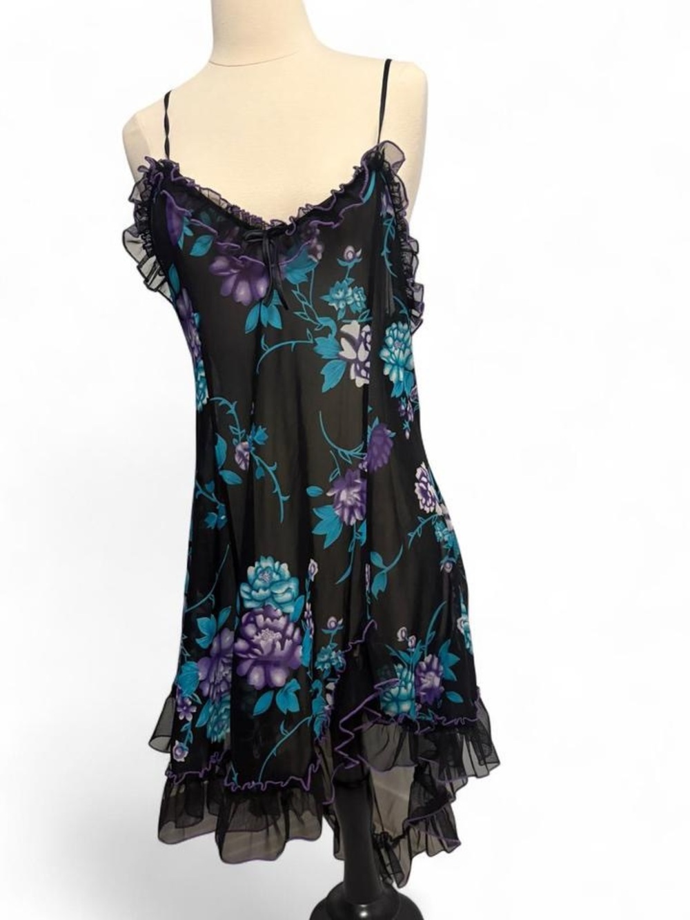Floral Ruffle Slip Dress - Black with Teal & Purple